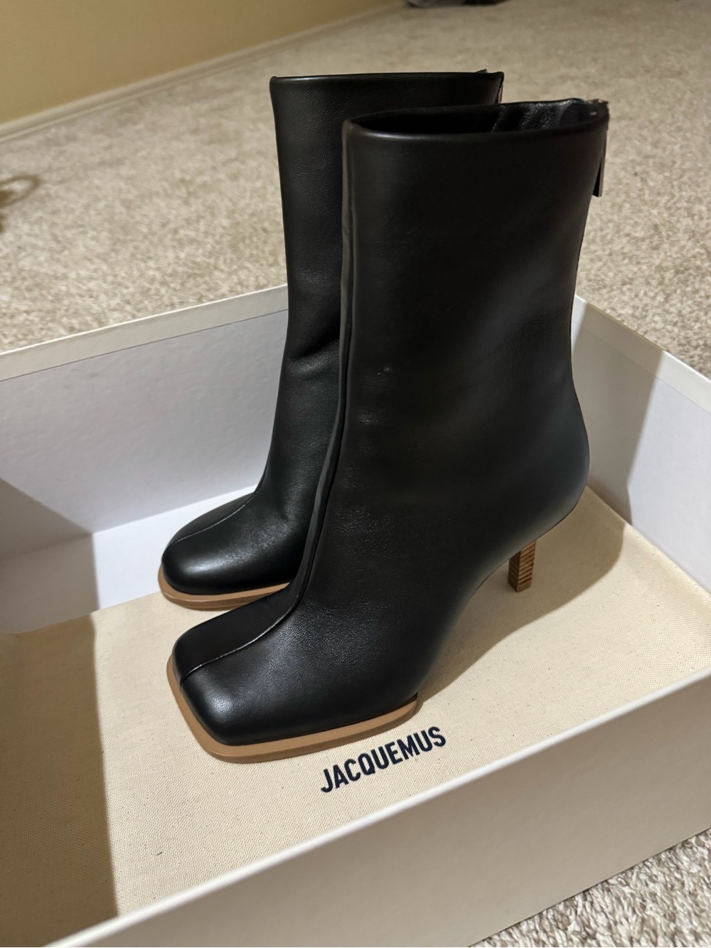 Jacquemus Black Leather miss matched design-Toe Mid-Calf Boots with Tan Sole